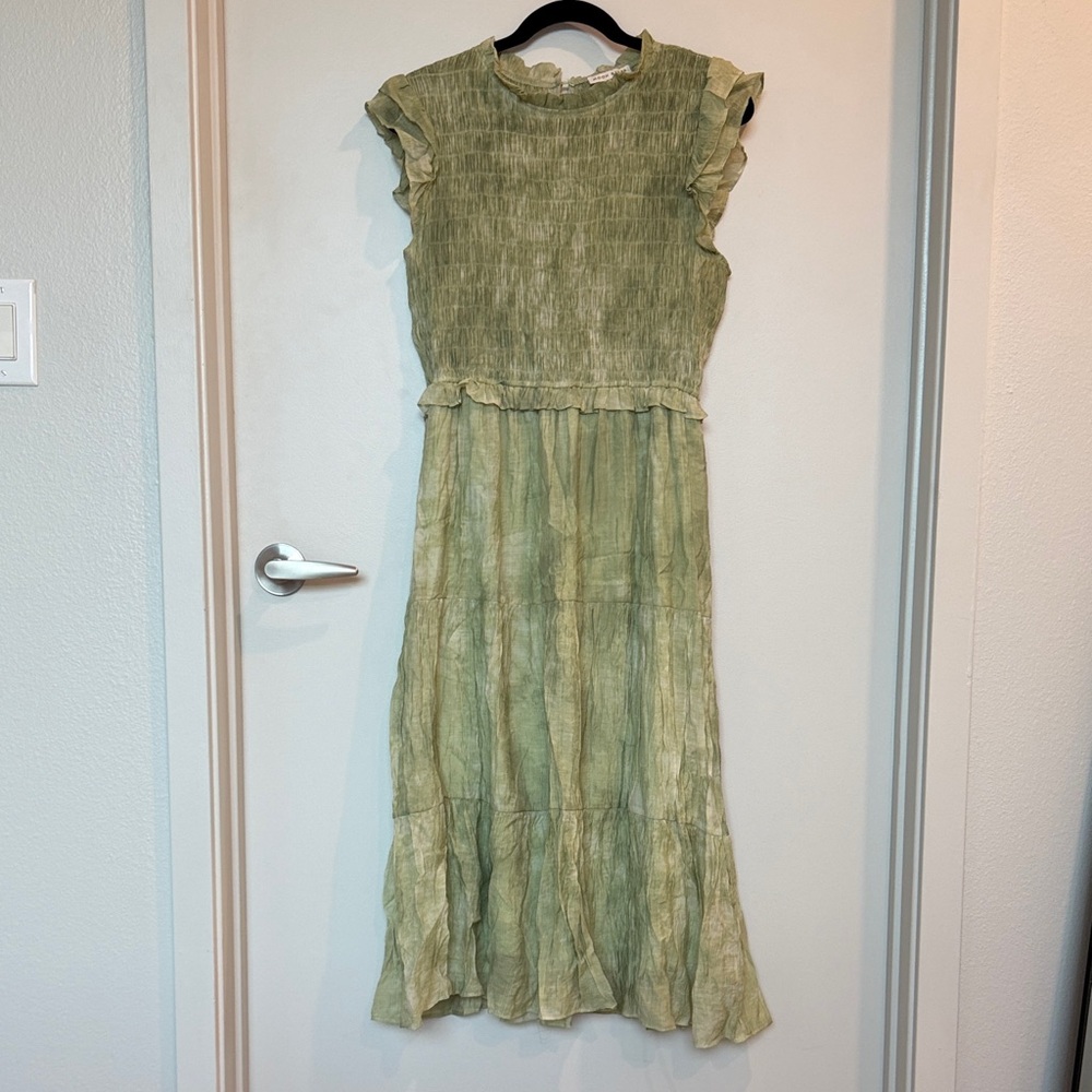 Moon River Smocked Olive Midi Dress with Ruffle Sleeves